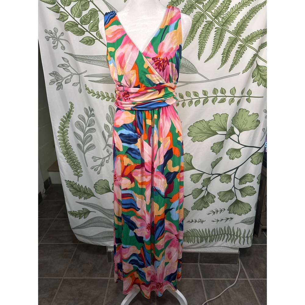 Pappagallo Floral Maxi Dress‎ Womens Small V-Neck Sleeveless Tropical Multicolor